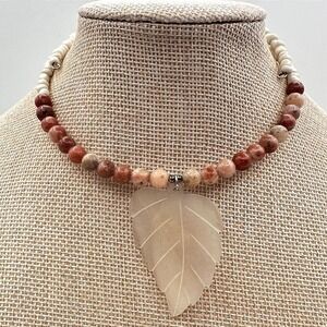 Vintage 80s Agate Leaf Pendant Beaded Necklace Jasper Sunstone Choker Jewelry